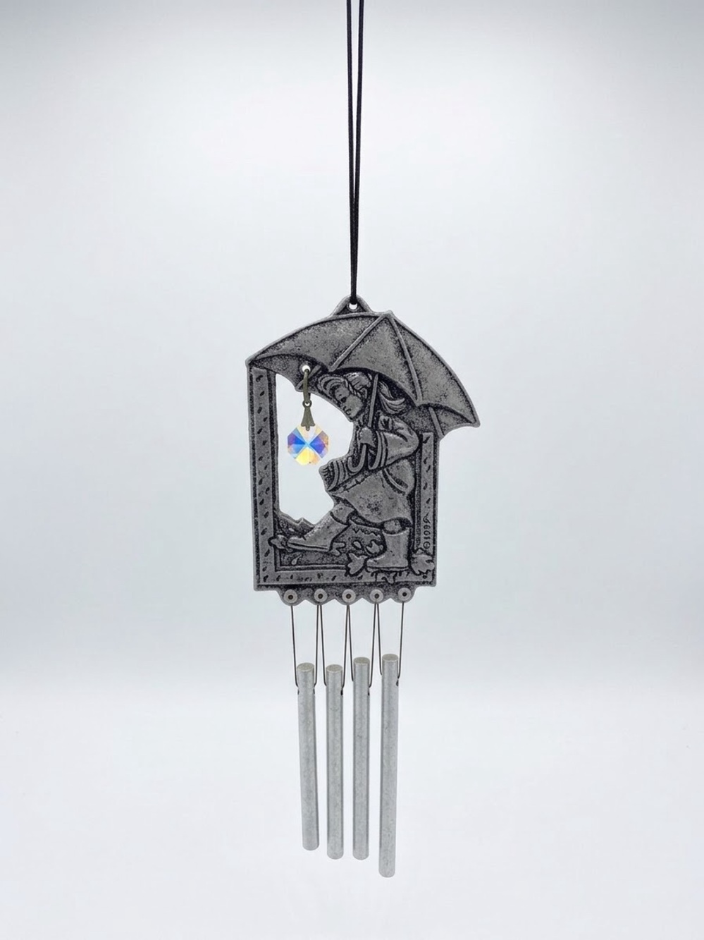 Vintage 1997 Silver Rain Girl Umbrella Mini Wind Chime Crystal Y2K